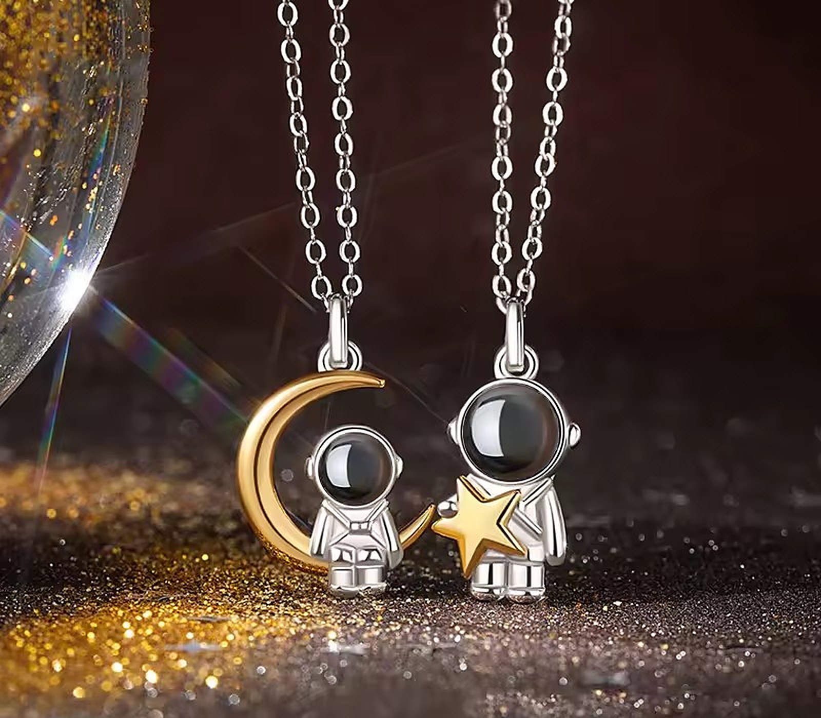 Astronaut and crescent moon photo projection necklaces