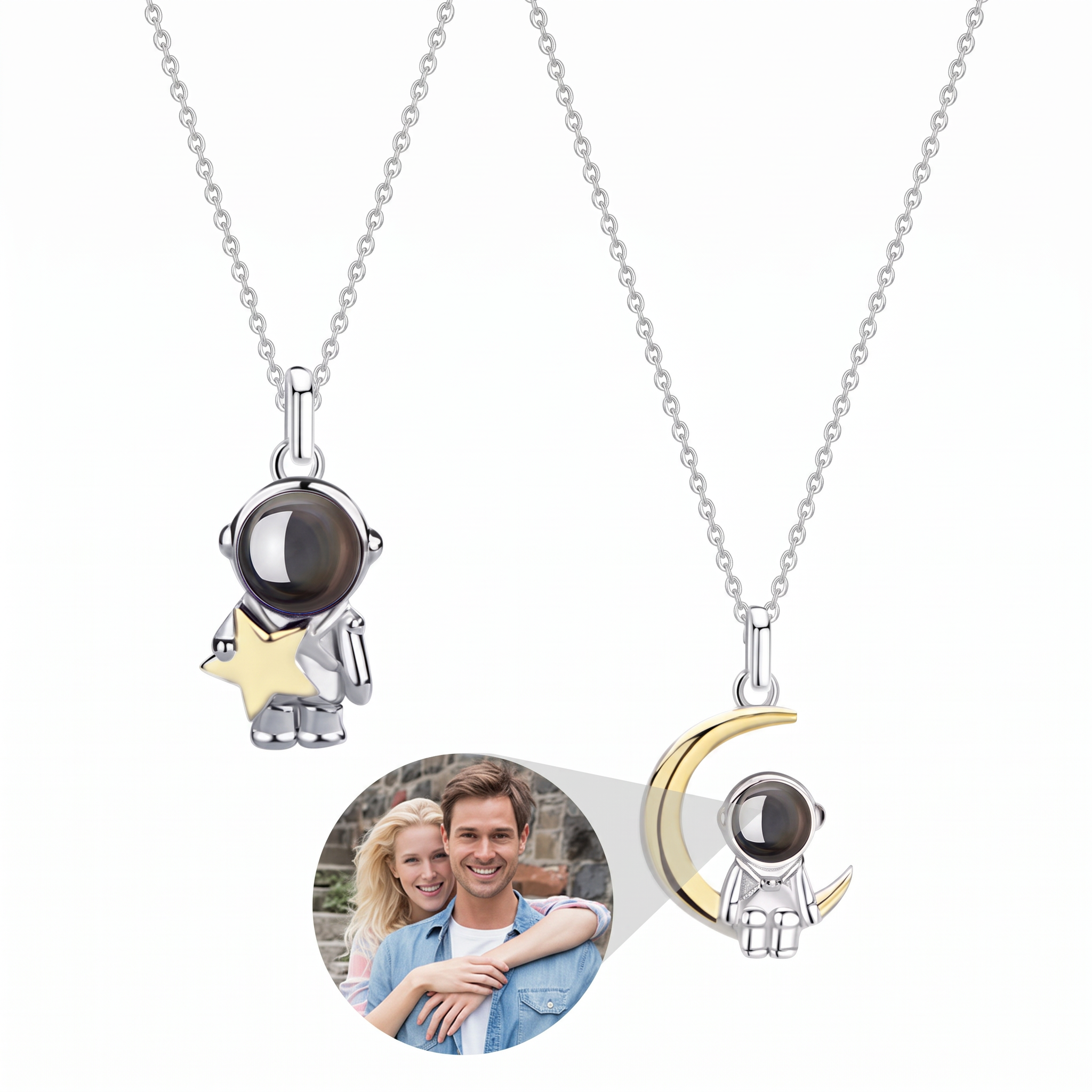 Silver astronaut and moon photo projection necklace pair, ready to gift